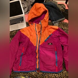 Women's 1980’s Sierra Designs rain shell jacket neon pink blue orange new wave